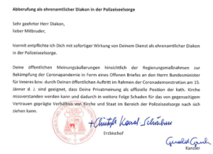 Schreiben von Schönborn an Eglau: "hiermit entpflichte ich Dich mit sofortiger Wirkung von Deinem Dienst als ehrenamtlicher Diakon in der Polizeiseelsorge"