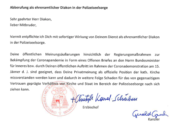 Schreiben von Schönborn an Eglau: "hiermit entpflichte ich Dich mit sofortiger Wirkung von Deinem Dienst als ehrenamtlicher Diakon in der Polizeiseelsorge"