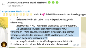 Zusammenfassung eines Meetings mit Leppe: "Ad Schetinin Schule: Diesen Namen besser NICHT verwenden – wird als "staatsfeindlich eingestuft. Iris betreut Schulprojekte. Kinder kommen NICHT "systemgetreu" raus, daher von Regierung unerwünscht." (Screenshot TG-Gruppe "Alternatives Lernen Bezirk Kitzbühel")