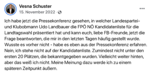 Vesna Schuster zu ihrer Nichtnomminierung: "... habe es eben aus der Pressekonferenz erfahren." (FB Schuster)