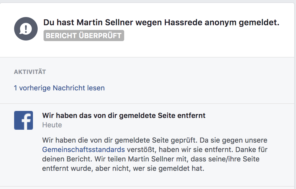Sellners Account auf Facebook gelöscht (Juni 2018)