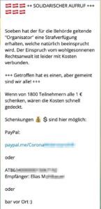 Schenkungen für Elias M.: "Getroffen hat es einen, aber gemeint sind wir alle"; "Schenkungen" per Überweisung oder "bar vor Ort§ (Aufruf auf Telegram Martin Rutter)