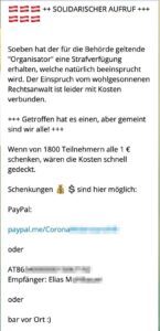 Schenkungen für Elias M.: "Getroffen hat es einen, aber gemeint sind wir alle"; "Schenkungen" per Überweisung oder "bar vor Ort§ (Aufruf auf Telegram Martin Rutter)