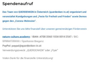 Spendenaufruf für "Querdenken" an die "nature-culture.academy"