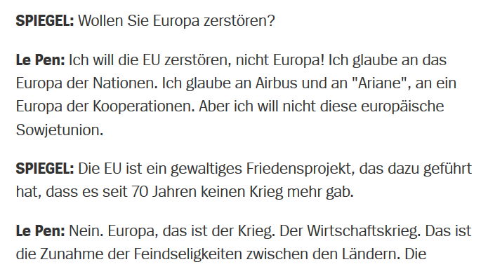 Der Spiegel: Marine Le Pen, 2.6.2014: "Ich will die EU zerstören"