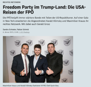 "Der Standard" mit einem Foto des NYYRC – im Bild: Maximilian Krauss, Gavin Wax und Harald Vilimsky