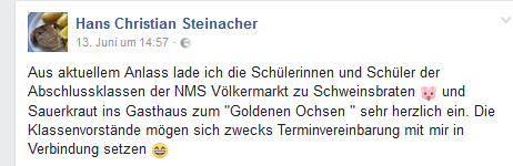 Nach dem Urteil gings gleich weiter: Der FPÖ-Stadtrat lud die Abschlussklassen der NMS Völkermarkt/Velikovec zum Schweinsbraten...