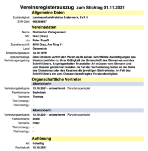 Vereinsregisterauszug "Steirischer Verlagsverein": am 12.10.21 aufgelöst