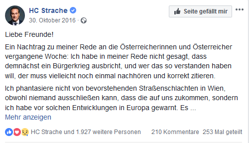 Strache spricht vom drohenden "Bürgerkrieg"