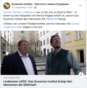 Lindemann mit Poppel 2019 in Wien: "Das Suworow Institut bringt den Menschen die Wahrheit (Screenshot FB Suworow)
