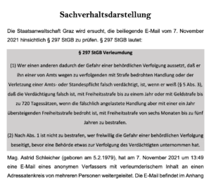 Anonym eingebrachte Sachverhaltsdarstellung gegen Astrid Schleicher wegen des Verdachts auf Verleumdung