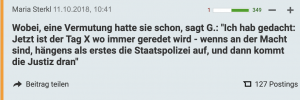 Sybille G. vor dem BVT-U-Ausschuss: "... wenns an der Macht sind, hÃ¤ngens als erstes die Staatspolizei auf, und dann kommt die Justiz dran" (Screenshot Liveticker Der Standard)