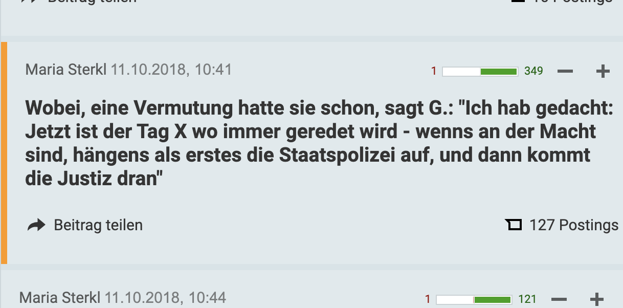 Sybille G. vor dem BVT-U-Ausschuss: "... wenns an der Macht sind, hÃ¤ngens als erstes die Staatspolizei auf, und dann kommt die Justiz dran" (Screenshot Liveticker Der Standard)