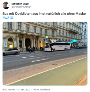 Corona-Demo 6.3.21 in Wien mit Bus von T. aus Imst: "alle ohne Maske" (Screenshot Twitter)