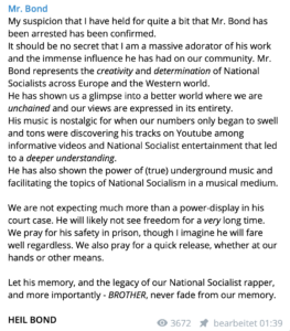 "My suspicion that I have held for quite a bit that Mr. Bond has been arrested has been confirmed. It should be no secret that I am a massive adorator of his work and the immense influence he has had on our community."