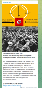 MZWNews definiert die Ziele der "Offlinevernetzung": "Widerstand, Vernetzung und Bildung einer Volksgemeinschaft. Völkische Revolution - jetzt!"