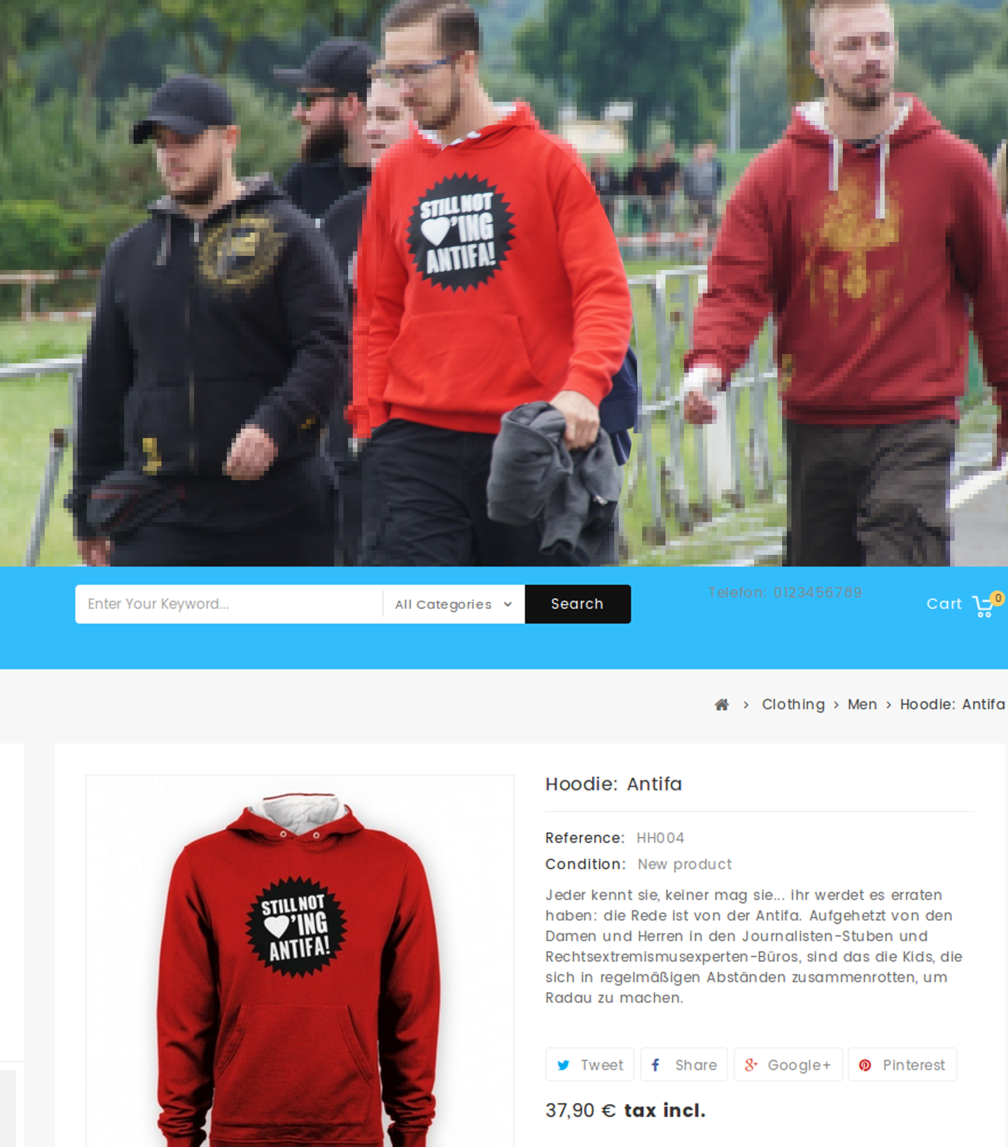 Beispielfoto für die zunehmende Verbreitung von Merchandise aus dem “Phalanx Europa”-Versand - oben ein Foto von Themar im Juli 2017, unten der Pulli im Angebot des Phalanx-Versands