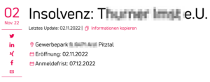 Insolvenz von T.s Firma (Screenshot Kreditschutzverband)