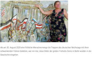 Catherine T. präsentiert auf der Website ihres Webshops ihr "Historiengemälde" zur versuchten Erstürmung des deutschen Reichstags in Berlin 2020 (Screenshot Webshop)
