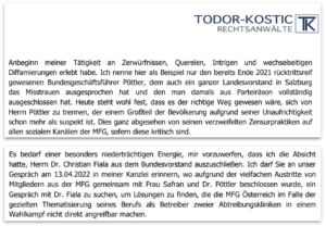 MFG: Zerwürfnisse, Querelen, Intrigen, Diffamierungen, niederträchtige Energie (Screenshot aus Schriftverkehr Todor-Kostic mit MFG-Vorstand)