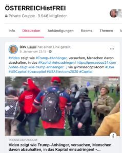 FB-Coronaleugner-Gruppe, Dirk L.: "Österreichistfrei": "Trumpanhänger versuchen, Menschen davon abzuhalten, ins Kapitol einzudringen"