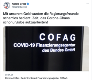 Tweet Gerald Grosz zu Corona-Hilfsgeldern: Regierungsfreunde haben sich "schamlos bedient" (9.8.22)