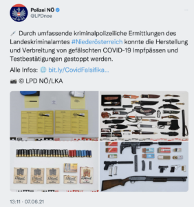 Tweet LPD NÖ im Juni 21: gefälschte Ausweise, Waffenarsenal