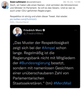 Tweet Merz und Reaktion Lehmann (30.10.22)