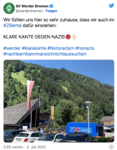 Tweet Werder Bremen zur FPÖ mit Slogan "Klare Kante gegen Nazis" (2.7.22)