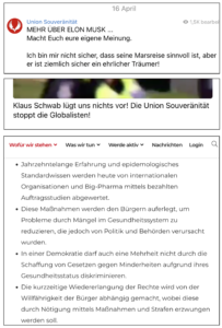 Die "Union Souveränität" schwurbelt und "stoppt die Globalisten" (Screenshot Telegram und Website)