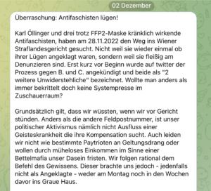 "Unwiderstehlich" will nicht beim Prozess gewesen sein, wissen aber, wer dort war (Screenshot Telegram)