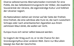 "Unwiderstehlich" kriegslüstern: "So tragisch der Krieg auch ist, er ist die Chance für den Gründungsmythos einer anderen Welt. Denn nur Blut allein bewegt das Rad der Geschichte."