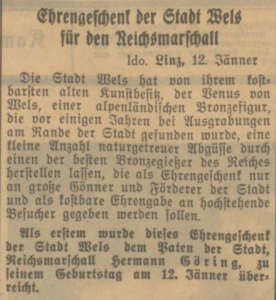 Salzburger Volksblatt am 13. Januar 1941: Venus von Wels als Geburtstagsgeschenk für den Reichsmarschall Hermann Göring