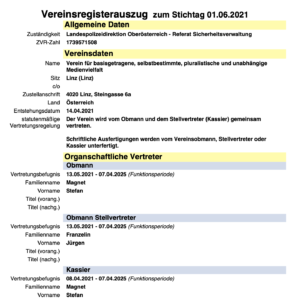 Vereinsregisterauszug "Verein für basisgetragene, selbstbestimmte, pluralistische und unabhängige Medienvielfalt": Obmann und Kassier Magnet, Vize-Obmann Franzelin