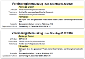 Abfrage Vereinsregister: kein Treffer für "Institut für angewandte politische Ökonomie"