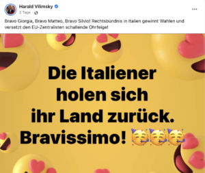 Harald Vilimsky: Die Italiener holen sich ihr Land zurück. Bravissimo! (Screenshot Facebook)