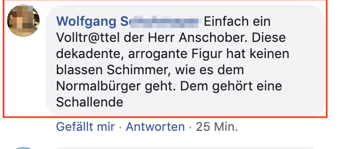 "Volltr@ttel der Herr Anschober. Diese dekadente, arrogante Figur ... Dem gehört eine Schallende"