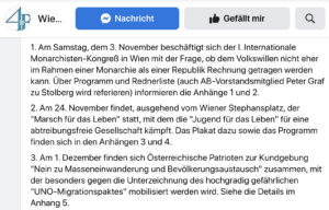 WAB im November 2018: Monarchistenkongress, Marsch für das Leben, "Nein zu Masseneinwanderung und Bevölkerungsausstausch"