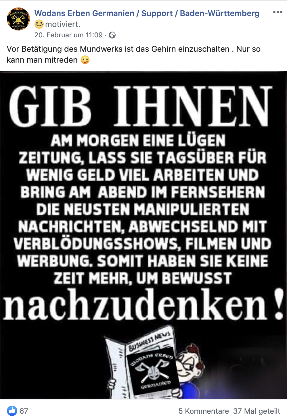 Wodans-Erben-Posting am Tag nach Hanau: "Gib ihnen am Morgen eine Lügenzeitung ..." mit Likes aus Österreich