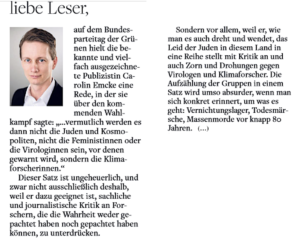 "Welt am Sonntag" und Emcke: "Dieser Satz ist ungeheuerlich (...) weil er (...) das Leid der Juden (...) in eine Reihe stellt mit Kritik an und auch Zorn und Drohungen gegen Virologen und Klimaforscher."