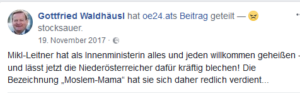 "MikI-Leitner hat als Innenministerin alles und jeden willkommen geheißen und lässt jetzt die Niederösterreicher dafür kräftig blechen! Die Bezeichnung „Moslem-Mama" hat sie sich daher redlich verdient..." (FB 19.11.17)