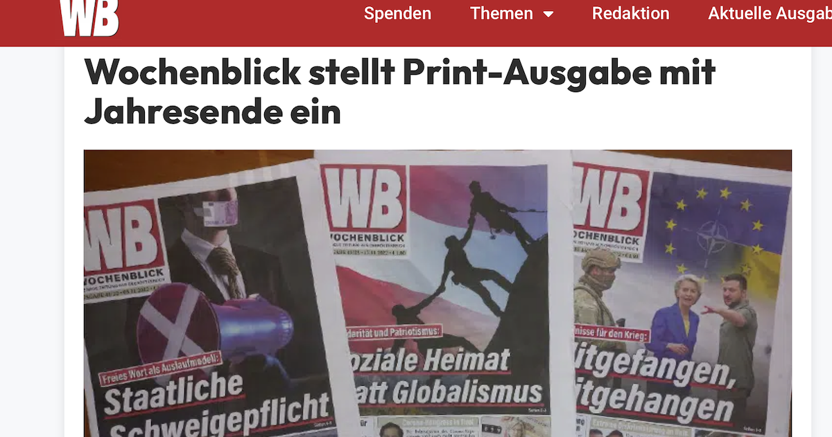 Wochenblick verkündet Einstellung der Printausgabe (Screenshot 24.11.22)