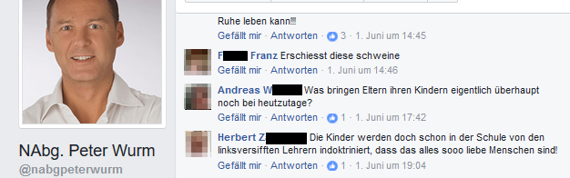 „Erschießt diese Schweine“ postete jemand in die Timeline des FPÖ-Abgeordneten wo es mehr als eine Woche belassen wurde.