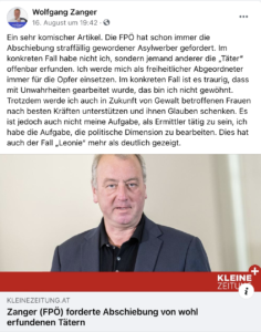 Zanger auf Facebook: "Ein sehr komischer Artikel" (Screenshot FB)