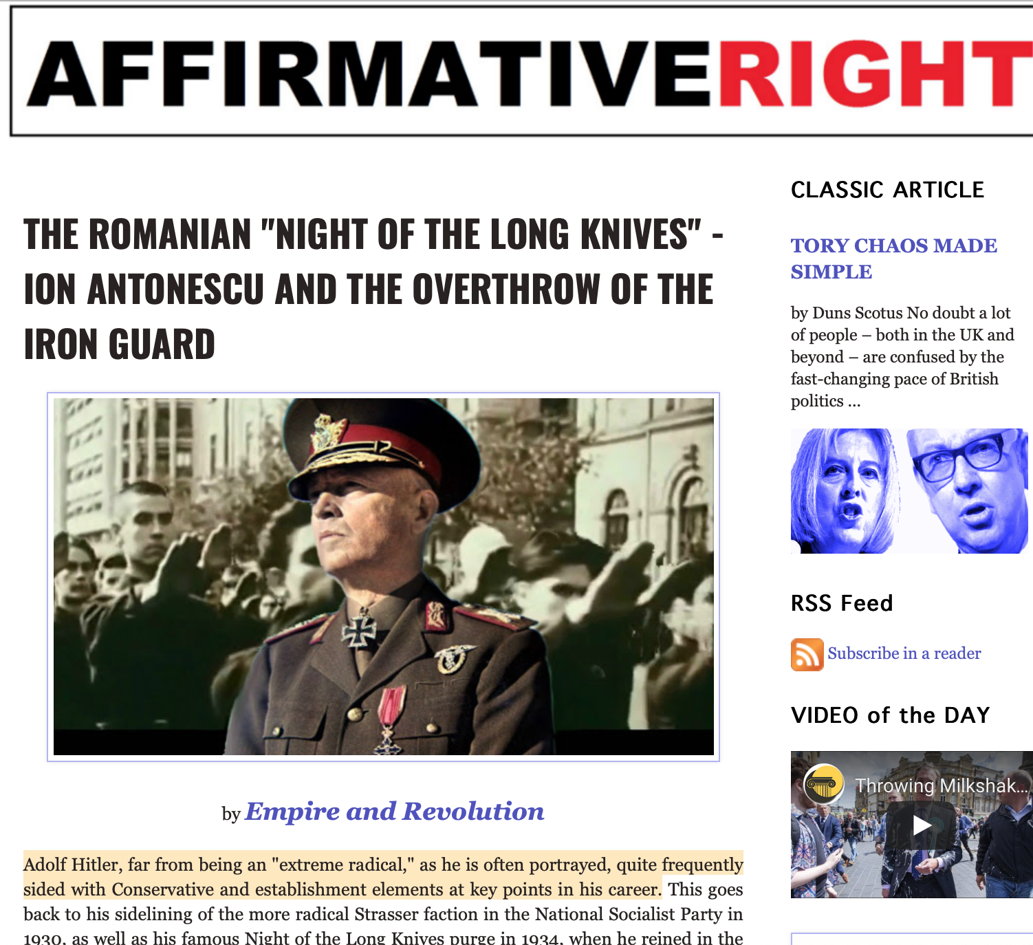 Website "Affirmative Right" mit Text „Adolf Hitler, far from being an 'extreme radical', as he is often portrayed, quite frequently sided with Conservative and establishment elements at key points in his career." (Antonescu inkl. Hakenkreuz – hier handelt es sich um eine Bildmontage, die "Zur Zeit" übernommen hat)