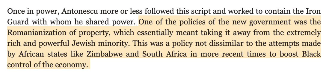 Website "Affirmative Right" mit Text: "One of the policies of the new government was the Romanianization of property, which essentially meant taking it away from the extremely rich and powerful Jewish minority. This was a policy not dissimilar to the attempts made by African states like Zimbabwe and South Africa in more recent times to boost Black control of the economy."