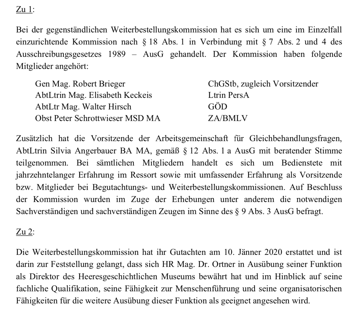 Anfragebeantwortung zur Weiterbestellungskommission HGM-Direktor Ortner