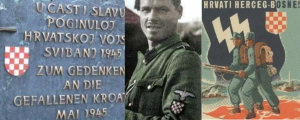 Zusammenstellung aus den Bildern in der Anzeige. Links das angezeigte Denkmal samt SS-Symbol, mitte: ein Angehöriger der 13.Waffen-SS-Division samt dem Symbol am Ärmel, rechts: ein Propagandaplakat aus der NS-Zeit mit dem gleichen Symbol - Bildquelle: DÖW