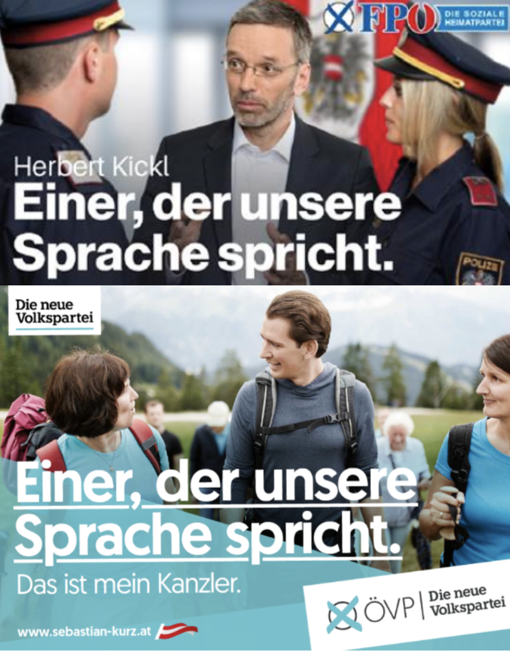 "Einer, der unsere Sprache spricht" Haider 1999, hier Kickl und Kurz 2019