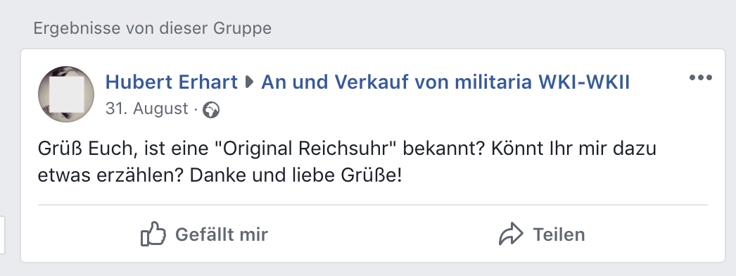 Erhart erkundigt sich nach einer "Original Reichsuhr"